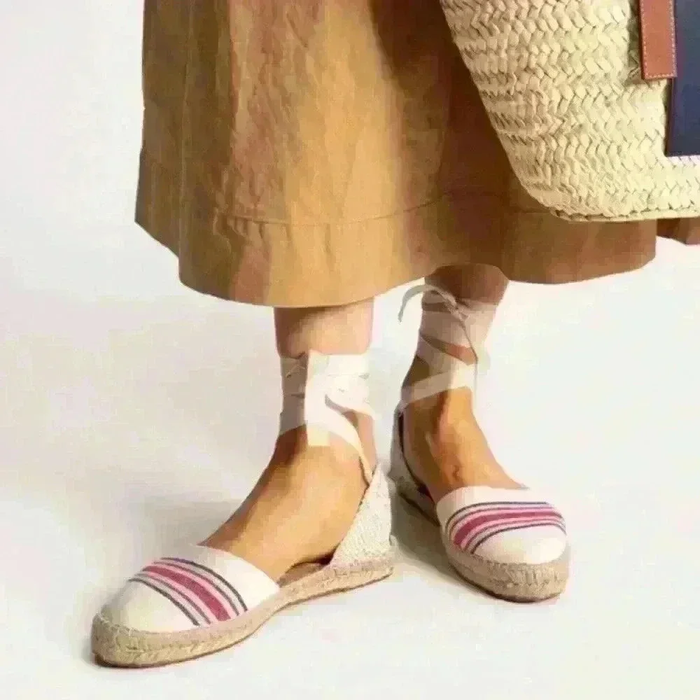 Manebi Hamptons Striped Canvas Espadrilles With Ankle Ties In Tan Size 39/9 NWOT